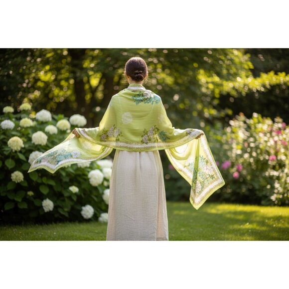 Green Floral Satin Scarf Lightweight Shawl Wrap Elegant Summer Accessory - Picture 2 of 12